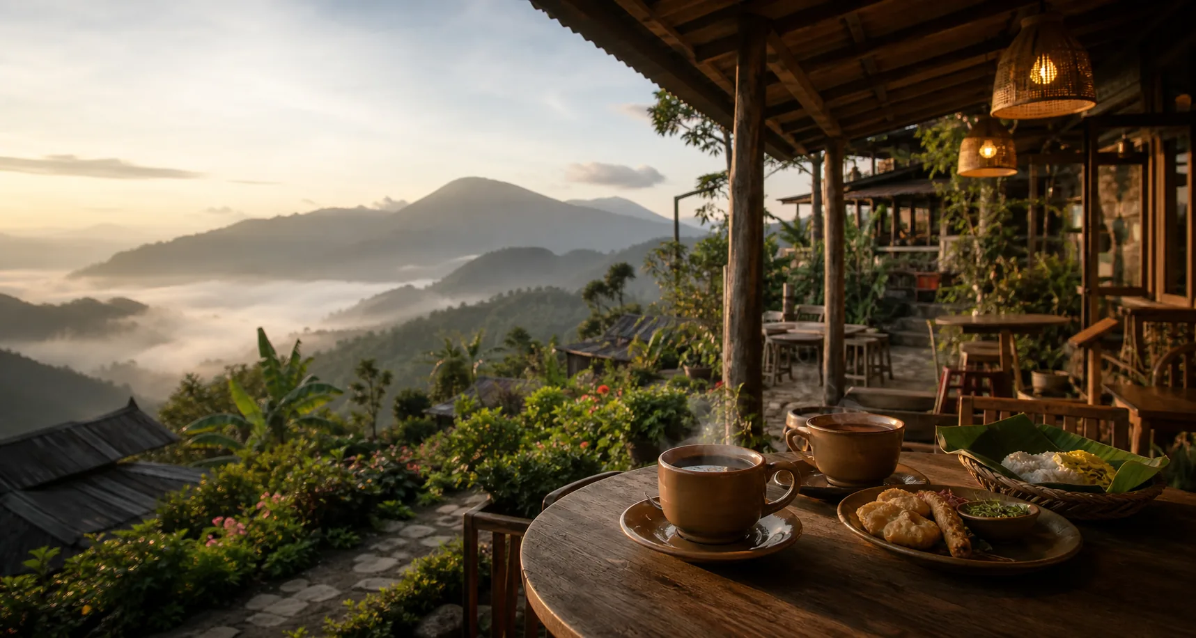 Suasana teras Warung Kopi Gunung dengan pemandangan alam